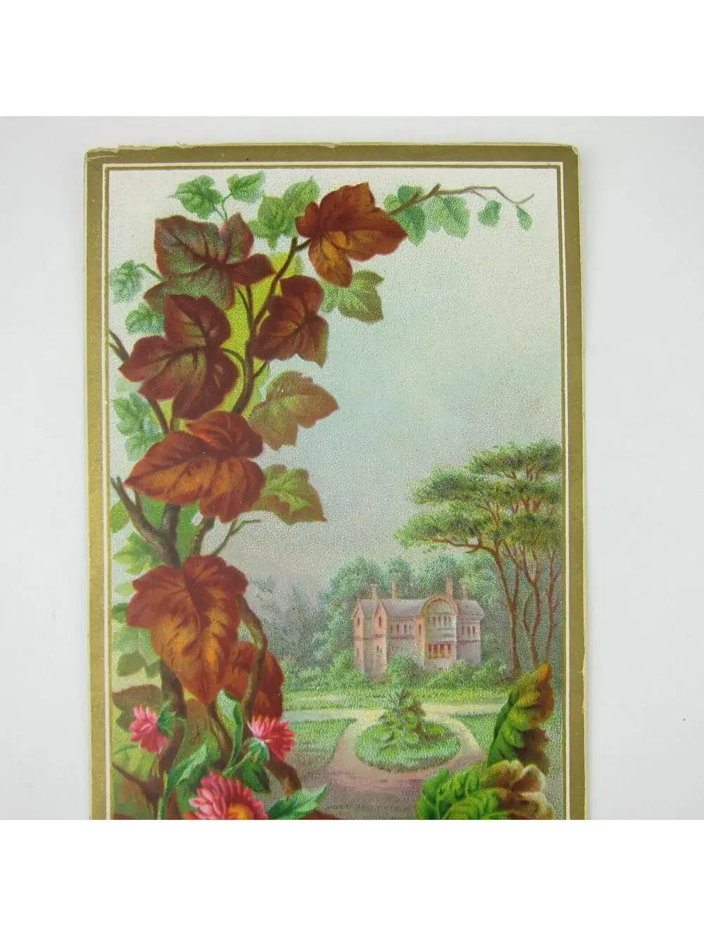 Victorian Greeting Card Georgian House Mansion Pink Flowers Leaves Happy Returns